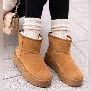 Women's Furry Faux Suede Ankle Platform Booties Tan Size 8 NWT
